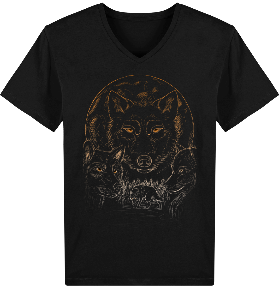 T-shirt col v noir avec dessin imprimé loup