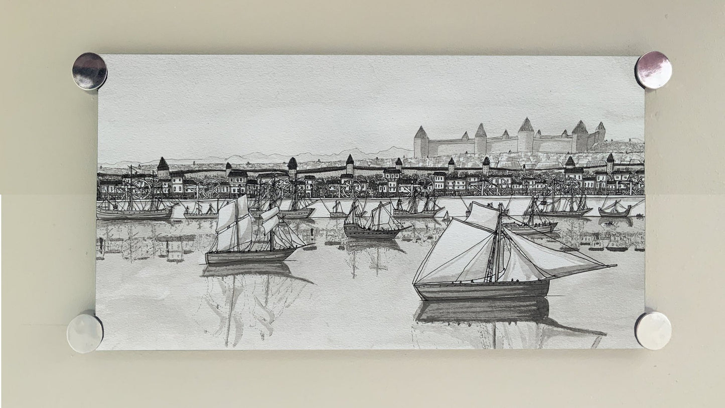 Peinture à l'encre imprimée sur Frorex PVC de Mornille ville portuaire du roman le traité de Vinon elsa abadie penars
