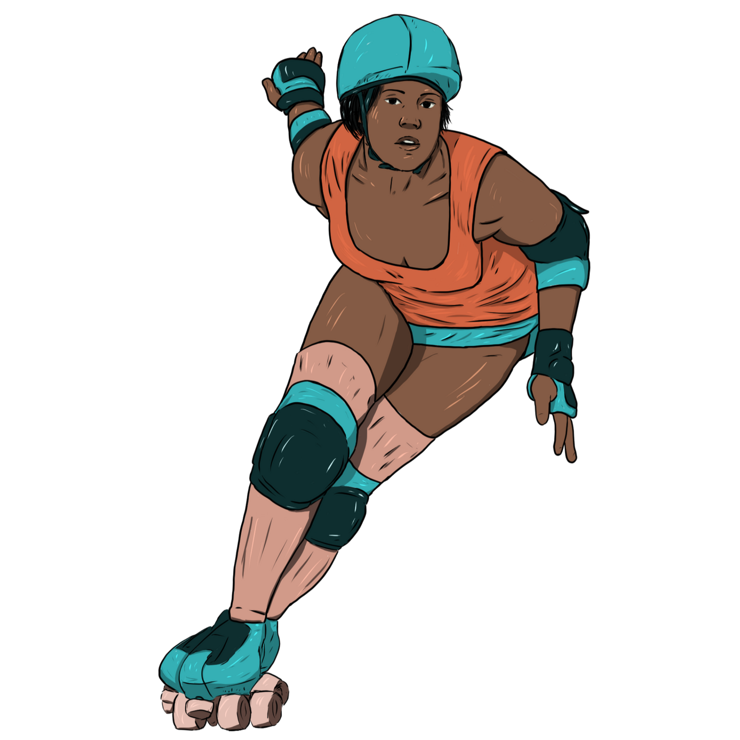 Magnet, aimant de réfrigérateur représentant un sport, elsa abadie penars, femme en patin rollers chaussette montante beige orangée, débardeur orange short et équipement bleu