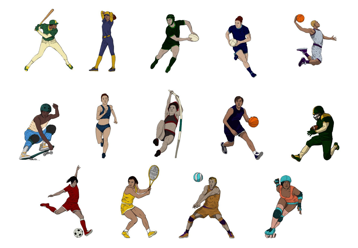 Magnet, aimant de réfrigérateur représentant un sport, elsa abadie penars, lot de différents sports, baseball rugby, basketball, skateboard, athlétisme, perche, saut, football américain, tennis, voller, patins, rollers
