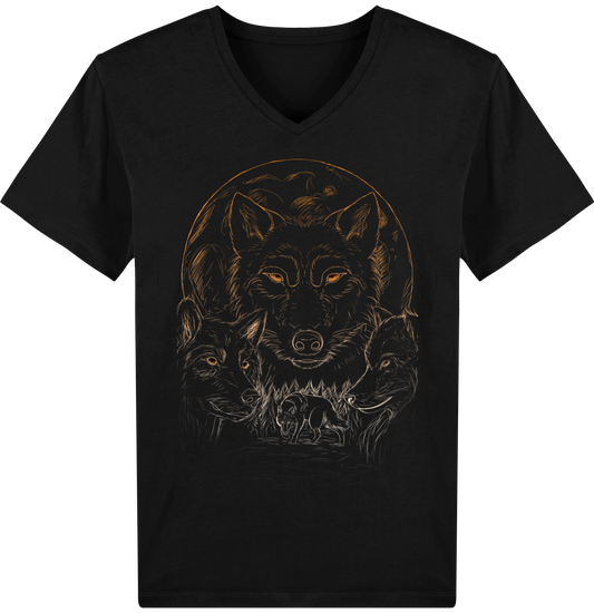 T-shirt col v noir avec dessin imprimé loup