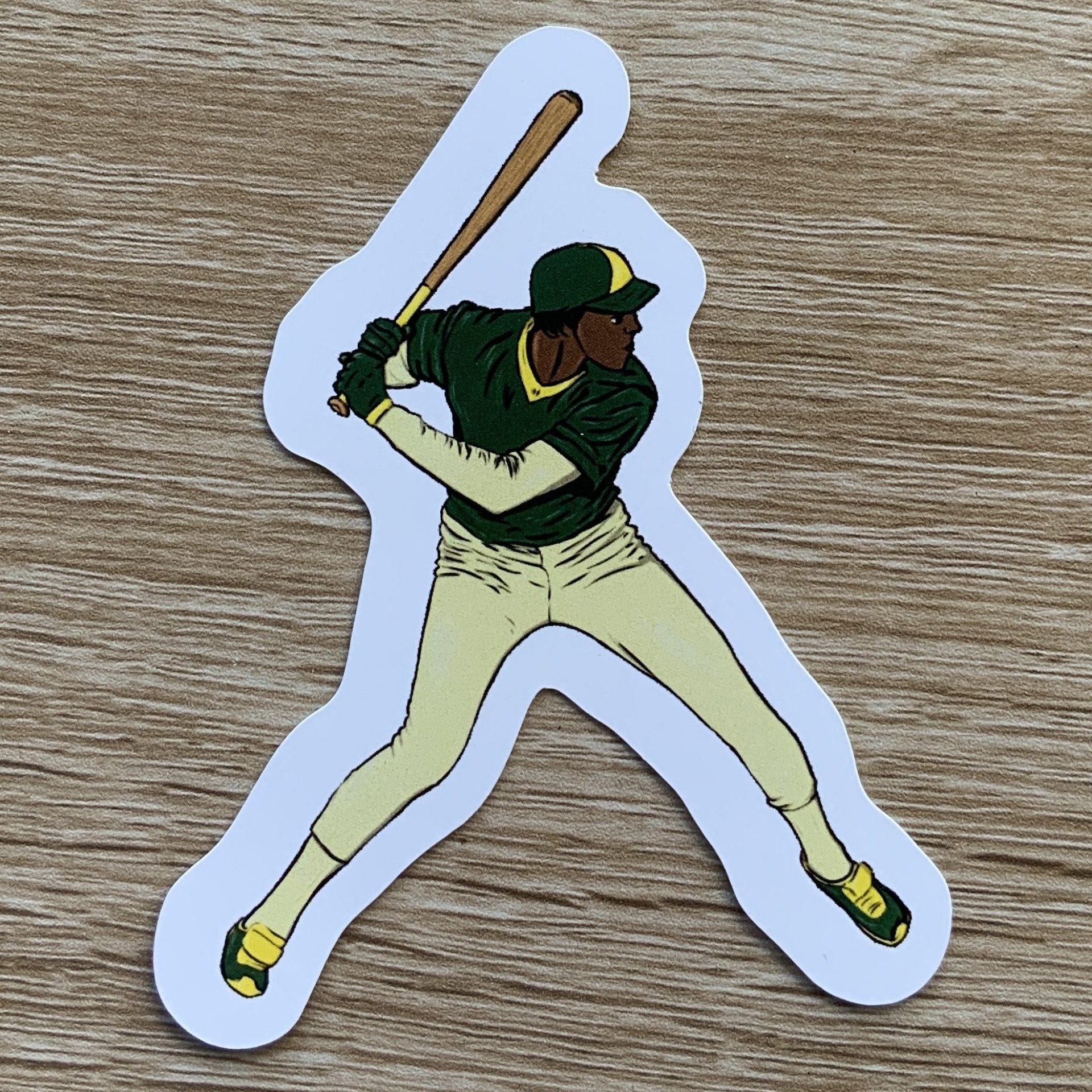 Magnet, aimant de réfrigérateur représentant un sport, elsa abadie penars, baseball homme tenue vert beige jaune 