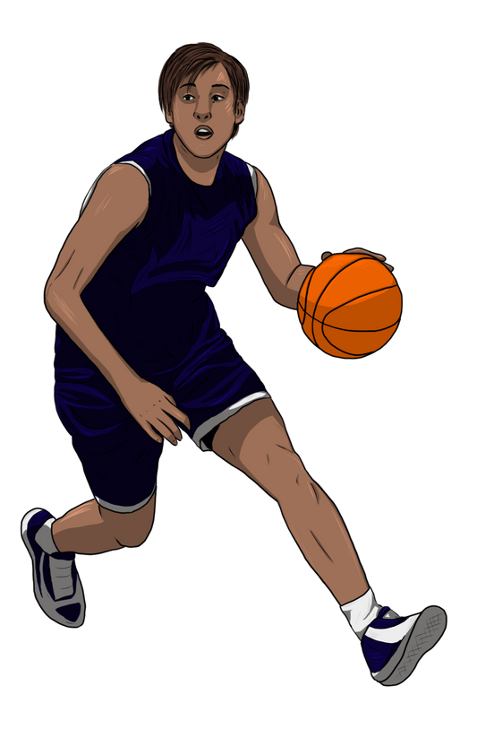 Magnet, aimant de réfrigérateur représentant un sport, elsa abadie penars, basketball féminin, femme, trans, maillot tenue bleu ballon en main drible 
