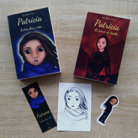 Duologie Roman d'imaginaire d'heroïc fantasy Patricia tome 1 Entre deux vies et tome 2 Le secret de Balth de elsa abadie penars pour les adolescents et les adultes coffret roman goodies marque page print a5 et magnet de patricia