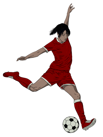 Magnet, aimant de réfrigérateur représentant un sport, elsa abadie penars,  football soccer féminin femme tenue équipement rouge en train de tirer dans le ballon 