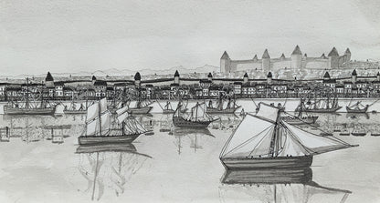 Peinture à l'encre de Mornille ville portuaire du roman le traité de Vinon  elsa abadie penars